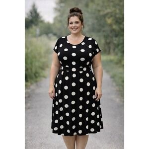 Gilli Polka Dot Dress Womens 2X Black White Fit Flare Short Sleeve